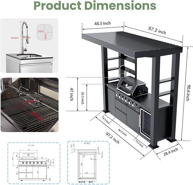 97" Stainless Steel Outdoor Kitchen Island with 4-Burner 72000 BTU,Gas Grill with Side Burner,Rotisserie Oven,Beverage Fridge,Galvanized Steel Roof,Granite Countertops,Sink.(Natural Gas)