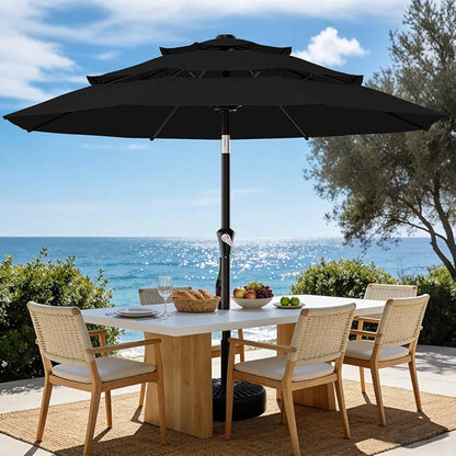 AreShark 9ft 3-Tier Patio Umbrellas, Outdoor Umbrella with 8 Sturdy Ribs UV Protection Windproof, Market Table Umbrella w/Push Button Tilt & Crank for Pool, Porch, Deck, Garden(Black)