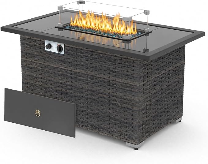 44" Propane Fire Pit Table, 50,000 BTU Outdoor Wicker Gas Fire Table with Glass Wind Guard, Tempered Glass Top, Auto Ignition, Lid & Protective Cover, ETL Certified Patio Firepit Table, Brown