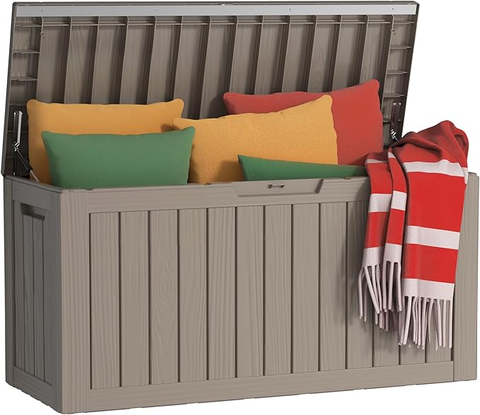PatioZen 85 Gallon Deck Box Outdoor, Weatherproof Resin Patio Storage Box, Waterproof Outdoor Storage Boxes with Lid Lockable for Cushions, Garden Tools,Grey