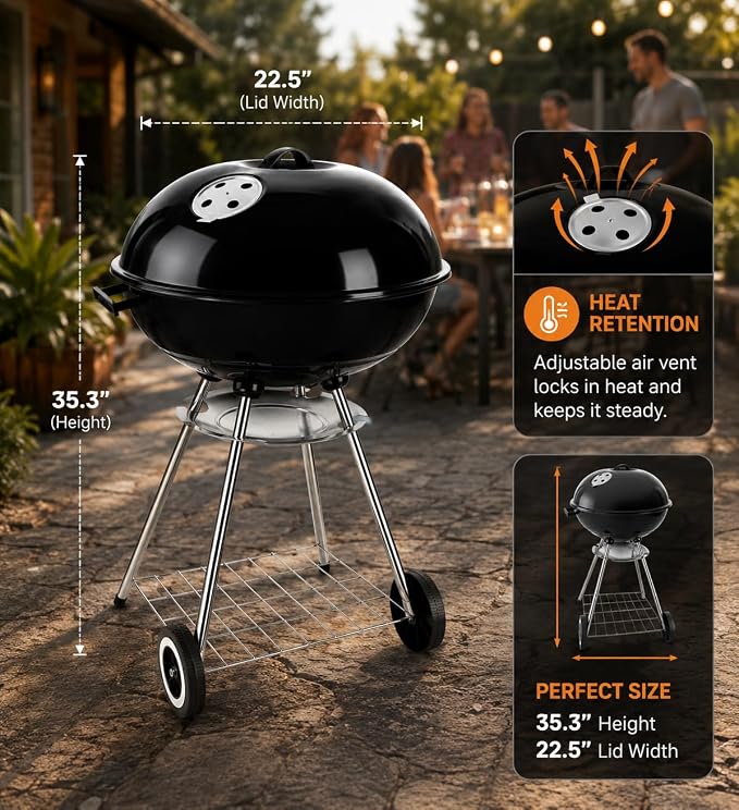 22-Inch Black Kettle Charcoal BBQ Grill: Built-in Ash Collector for Easy Cleaning, Great for Outdoor Cooking, Heavy-Duty for Backyard & Camping