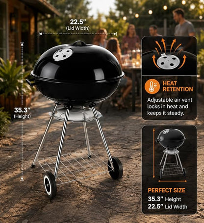 22-Inch Black Kettle Charcoal BBQ Grill: Built-in Ash Collector for Easy Cleaning, Great for Outdoor Cooking, Heavy-Duty for Backyard & Camping