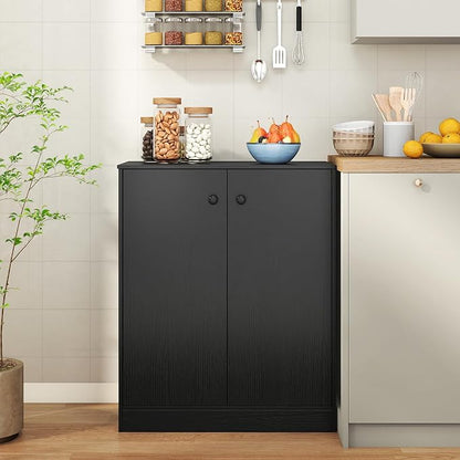GIANTEX 2 Door Storage Base Cabinet (Black) | 3-Tier Base Cabinet with Non-Slip Foot Pads, Kitchen Cupboard Storage Organizer for Living Room, Hallway, Entryway, Office