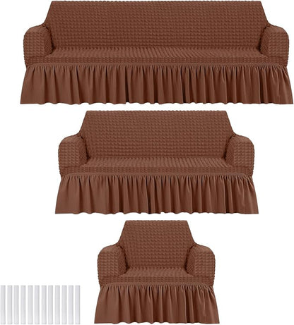 Fanfanwin 3 Pcs Sofa Slipcover Set for Couch Cushion Durable Washable High Elastic Stretchable Furniture Couch Covers with Skirt for Sofa Loveseat Arm Chair(Brown,Seersucker)