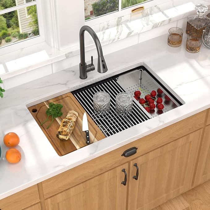 32x19 Inch Granite Composite Kitchen Sink - Matte Black Undermount Workstation Classic Quartz Under Counter Single Bowl All-In One Sinks for Kitchen #TLGU-132