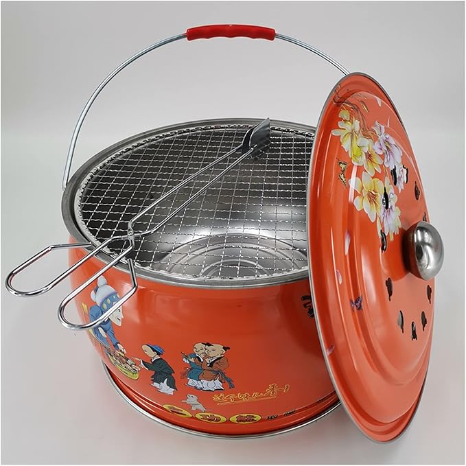 Grill for Outdoor 12.2-inch Round Shape Charcoal Grill Brazier with Handle and Vibrant Color Pattern Outdoor Camping Courtyard Picnic Roast Meat Home BBQ Charcoal Oven Barbecue Grill