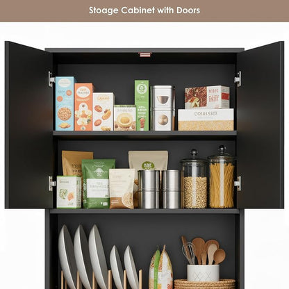 Keyluv 71" Kitchen Pantry Storage Cabinet, Kitchen Cabinet Hutch, Black | Freestanding Kitchen Hutch with Microwave Stand and Doors, Coffee Bar with Adjustable Shelves for Dining Room Living Room