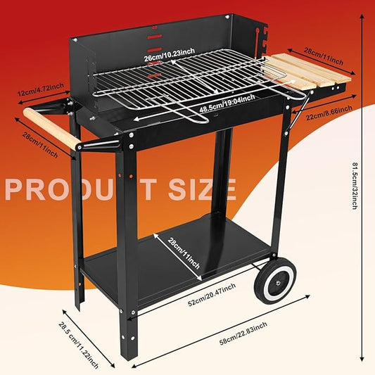 Charcoal Grills, Outdoor BBQ Grill with Side Table, Charcoal Grill with Wheels for Outdoor Grilling/Tabletop Cooking