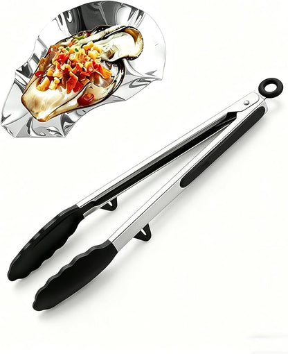 16PCS 304 stainless steel oyster grill tray and silicone tongs set, ideal for grilling oysters, shrimp, scallops, and clams.