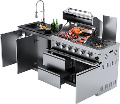 Outdoor Kitchen Island, BBQ Gas Grill, 6-Burner Propane Gas Grill with Rear & Side Burner, 75,300 BTU Stainless Steel Barbecue Grill with Sink & Granite Countertops for Patio Backyard (Silver-84.9")