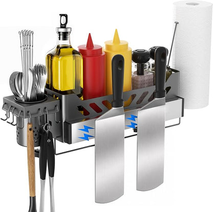 Griddle Caddy, Universal Griddles & Grill Caddy for Blackstone Accessories | with Windproof Paper Towel Holder & Magnetic Tool Holder & Knife, Fork, Skewer Holder & 6 J-Hooks