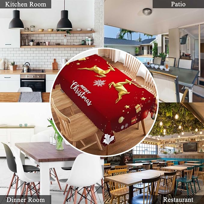 Swono Merry Christmas Table Cover Gold Christmas Deer Snowflakes 50x72 Inch Table Cloth for Rectangle Tables Buffet Parties Coffee BBQ and Dinning Tablecloth, Red