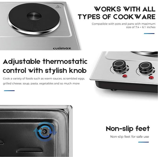 Hot Plate,Cusimax Double Burner 1800W Cast Iron Heating Plate,Electric Stove with Adjustable Temperature Control,Stainless Steel,Suitable for Various Scenarios Upgraded Version