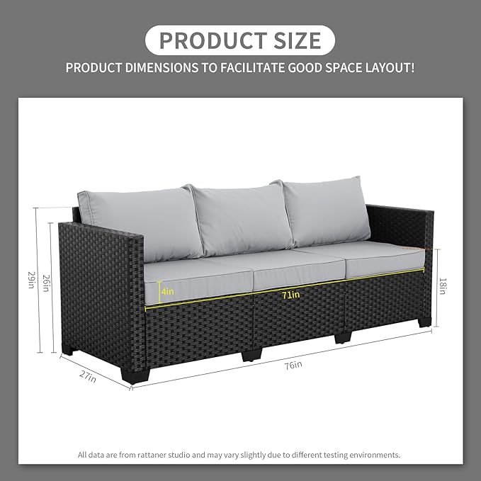 Rattaner Outdoor Furniture Outdoor Couch Patio Furniture 3-seat Sofa Deep Seat High Backrest with Waterproof Cover and Anti-Slip Cushions, Light Grey