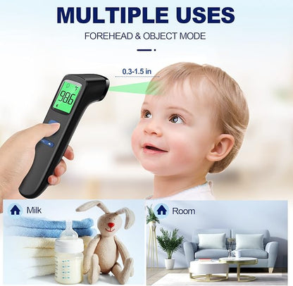 No-Touch Thermometer for Adults, Kids, Babies, 1-Sec Fast Accurate (Black) | Fever Alarm, Large LCD with 3-Color Backlight, Silent Mode, 35-Reading Memory, Forehead & Object Mode, for Home & Clinic