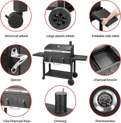 Extra Large Charcoal Grill - 794 Sq In Cooking Area, Adjustable Charcoal Trays, Foldable Side Tables For Outdoor Bbq, Perfect For Backyard Cooking Black Large
