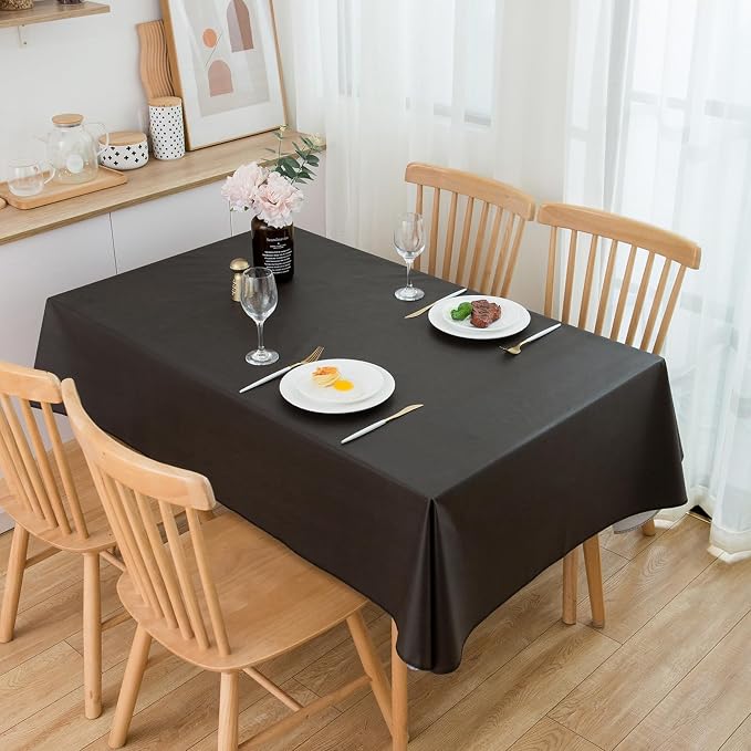 LIBERECOO Vinyl Tablecloth with Flannel Backing, Solid Black, Waterproof, Stain-Resistant, Easy-Clean Table Cover for Dining, Kitchen, and Outdoor Use, 60" x 84" Rectangle