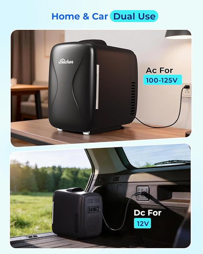 BEICHEN Mini Fridge, 4 Liter/6 Can Portable Cooler and Warmer Fridge for Drinks Skincare Food – Fast Cooling & Ultra-Quiet, Small Compact Refrigerator for Bedroom, Cosmetics, Office and Car(Black)