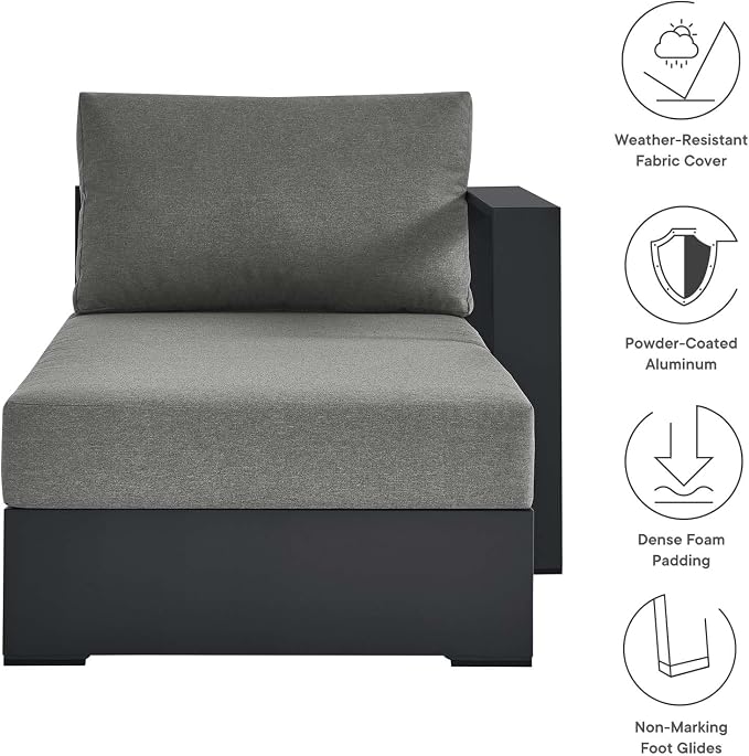 Modway Tahoe Powder-Coated Aluminum Outdoor Chaise Lounge in Gray Charcoal with Weather-Resistant Cushions, Modular Right-Facing Patio Lounger for Pool Furniture or Sectional Sofa Set