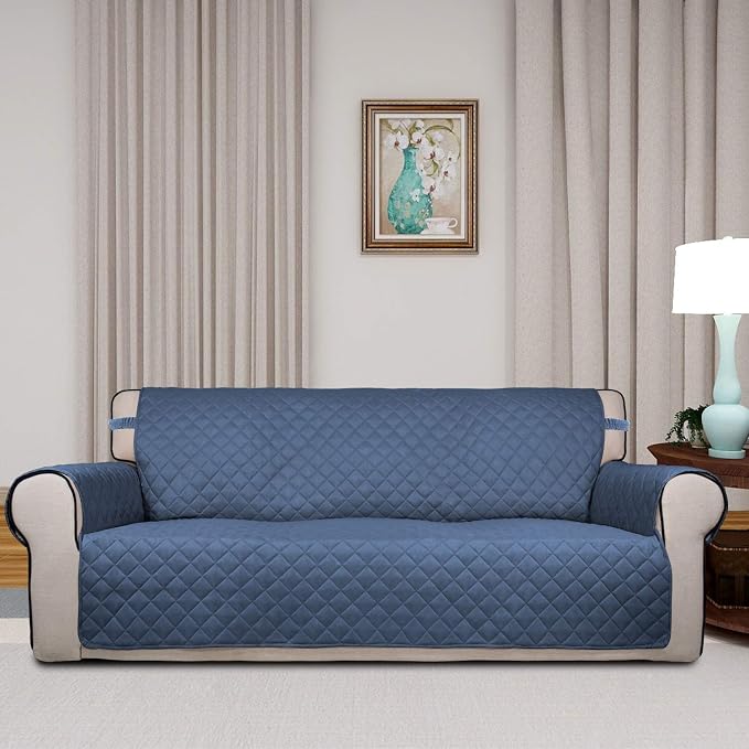 PureFit Reversible Quilted Sofa Cover Dog Couch Covers for Sofa, 66 in | Dark Blue/Light Blue, Water Resistant Couch Protector, Washable Pet Couch Cover with Non Slip and Elastic Straps For Kids
