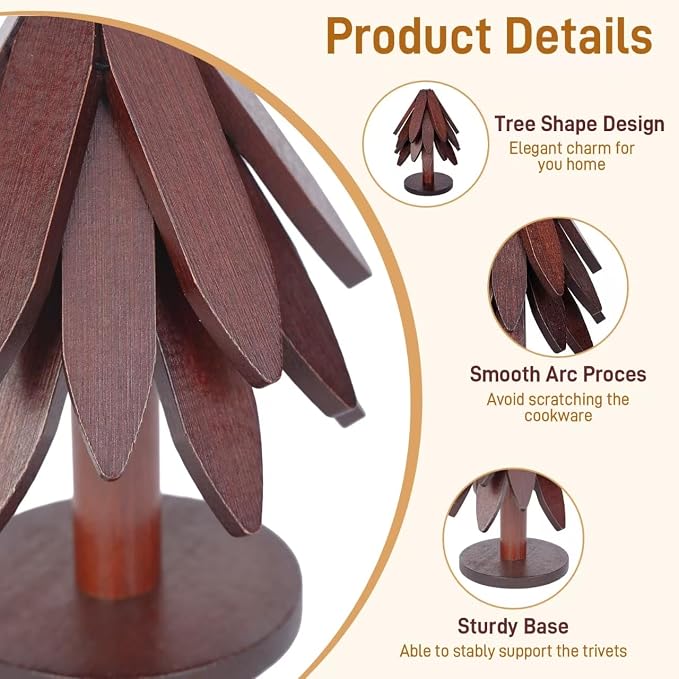 DecBeLiv Foldable Tree Trivet Wooden Hot Plate Holder, Bamboo Trivet for Hot Dishes, Heat-Resistant Pot Holder Tree for BBQ, Picnic, Outdoor Dining & Kitchen Decor(Walnut-3)