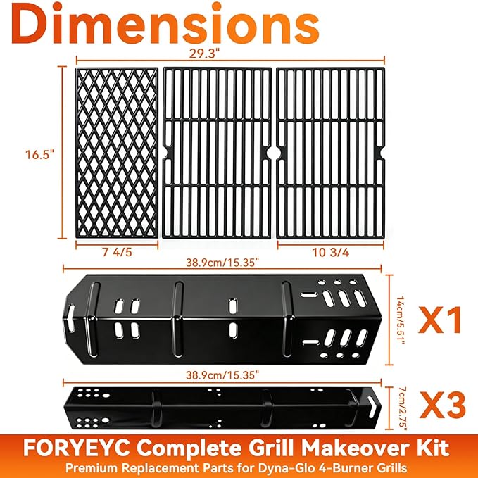 Grill Replacement Parts for Dyna-Glo 4 Burner DGH450CRP DGH451CRP, Set of 4 Porcelain Steel Grill Heat Plates Shield + 3-Pack Cast Iron Cooking Grill Grates Kit for Dyna Glo 3/4 Burner Grill