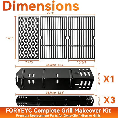 Grill Replacement Parts for Dyna-Glo 4 Burner DGH450CRP DGH451CRP, Set of 4 Porcelain Steel Grill Heat Plates Shield + 3-Pack Cast Iron Cooking Grill Grates Kit for Dyna Glo 3/4 Burner Grill
