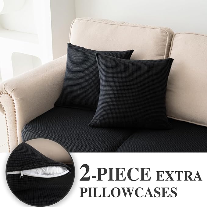 LA MEACK Couch Cushion Covers for Sectional Sofa L Shape Washable Separate Seat Chaise Couch Cover Stretch Sofa Slipcovers with 2 Pcs Pillowcases(2 Seater + 1 Chaise, Black)