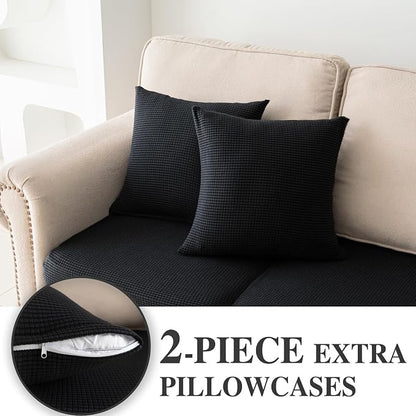 LA MEACK Couch Cushion Covers for Sectional Sofa L Shape Washable Separate Seat Chaise Couch Cover Stretch Sofa Slipcovers with 2 Pcs Pillowcases(2 Seater + 1 Chaise, Black)