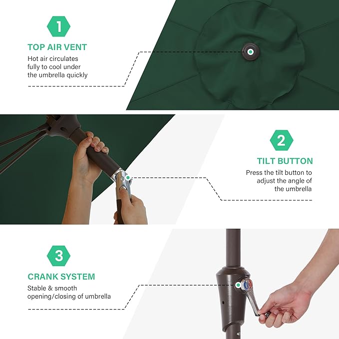 JEAREY 9FT Outdoor Patio Umbrella,Market Table Umbrella with 8 Fiberglass Ribs, Pool Umbrella with Tilt and Crank, UV Protection Lightweight & Wind-Resistant for Lawn, Garden, Deck and Backyard, Dark Green