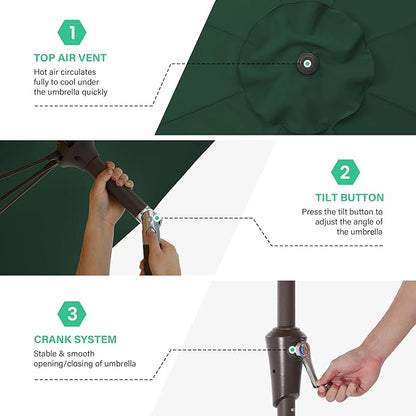 JEAREY 9FT Outdoor Patio Umbrella,Market Table Umbrella with 8 Fiberglass Ribs, Pool Umbrella with Tilt and Crank, UV Protection Lightweight & Wind-Resistant for Lawn, Garden, Deck and Backyard, Dark Green