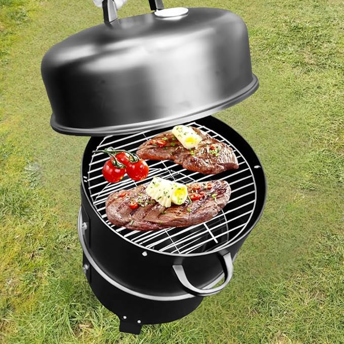 Vertical Charcoal Smoker with Built-in Thermometer BBQ Smoker Grill 2 Access Doors Round BBQ Grill for Parties Camping Outdoor Cooking