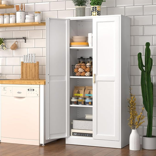 Polup Kitchen Pantry Cabinet, 60 Inch Tall Pantry Storage Cabinet with Doors and Adjustable Shelves, Metal Storage Cabinet with Golden Handles for Dining, Living Room, Assembly Required, White