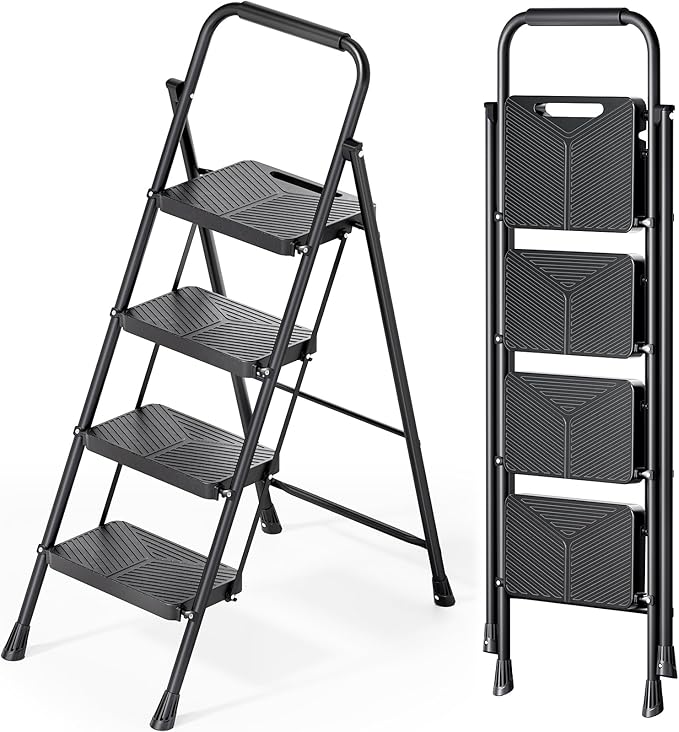 KINGRACK 4 Step Ladder, Folding Step Stool with Anti-Slip Pedals | Heavy Sturdy Steel ladder with Handrail, Safe-Lock Design, Multi-Purpose, Home, Kitchen, Pass 500lbs Load Testing, Black
