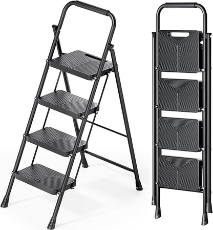 KINGRACK 4 Step Ladder, Folding Step Stool with Anti-Slip Pedals | Heavy Sturdy Steel ladder with Handrail, Safe-Lock Design, Multi-Purpose, Home, Kitchen, Pass 500lbs Load Testing, Black