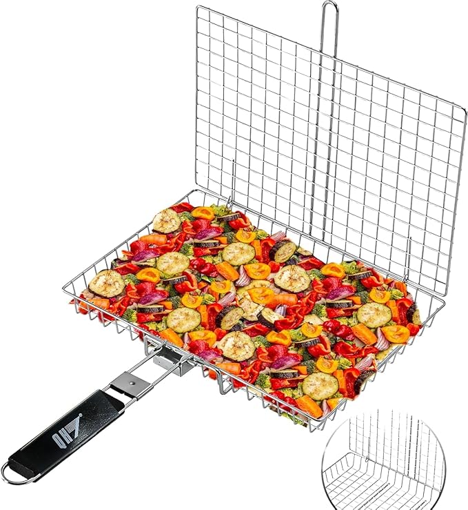 Portable BBQ Grill Basket, 12.6x8.8x 1.34 Inch, Stainless Steel Folding Portable Outdoor Camping Rack for Fish, Shrimp, Vegetables, Cooking Accessories, Gifts for Dad, husband, Friends （Includes Carry Bag）