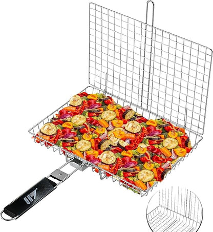 Portable BBQ Grill Basket, 12.6x8.8x 1.34 Inch, Stainless Steel Folding Portable Outdoor Camping Rack for Fish, Shrimp, Vegetables, Cooking Accessories, Gifts for Dad, husband, Friends （Includes Carry Bag）