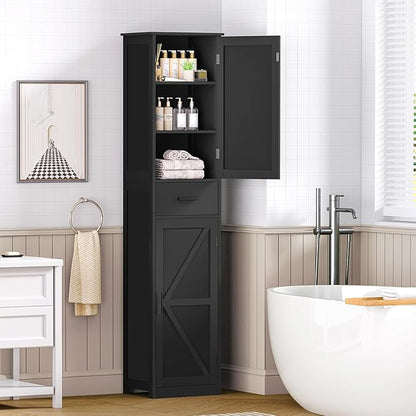 TEENFON Tall Bathroom Cabinet, Storage Cabinet with 6 Shelves & Drawer, Bathroom Storage Cabinet with Adjustable Shelves, Tall Cabinet for Living Room, Home Office, Black