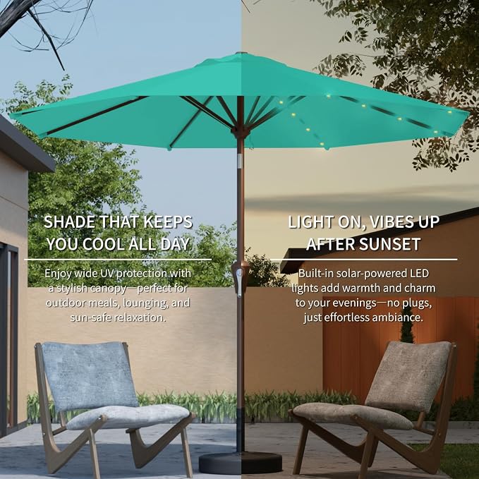 10FT Solar Umbrella 32 LED Lighted Patio Umbrella Table Market Umbrella w/Tilt and Crank, UV-Resistant Outdoor Umbrella for Pool, Garden, Deck, Turquoise Blue