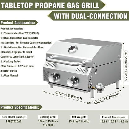 Bestfire Tabletop Propane Gas Grill 2 Burners- Dual Connections, 20,000 BTUs Stainless Steel Portable Grill Fits Large Gas Cylinders and Small Canisters for Outdoor Camping and RV Trips
