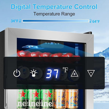 FoMup Beverage Refrigerator 126 Can, Mini Beverage Fridge Small Beverage Cooler Stainless Steel with Glass Door Safety Lock, Drink Fridge for Beer Soda Wine, Perfect for Dorm Office Hotel