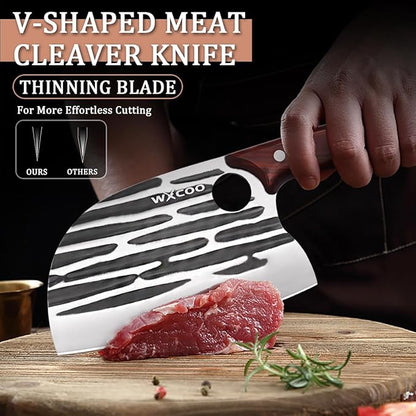Serbian Chef Knife Set 3 Piece Hand Forged Viking Butcher Knife High Carbon Steel for Meat Cutting BBQ Camping, Unique Mens Birthday Gift for Hunters Grillers and Outdoor Cooking