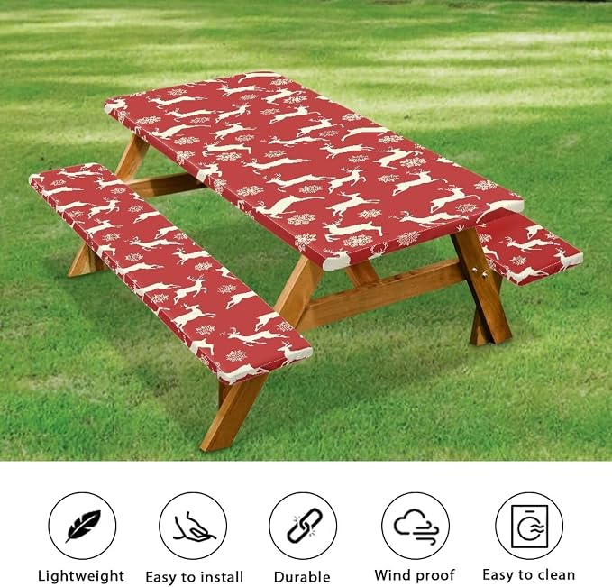 Xmas Picnic Table Cover with Bench Covers 3 PCS Christmas Reindeer Snowflake Fitted Picnic Table Cover for Outdoor Camping Accessories