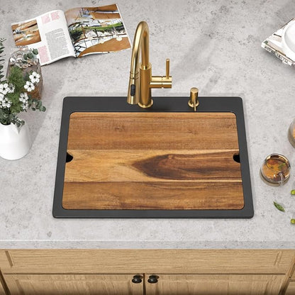 23 Inch Drop In Bar Sink, Matte Black Granite Composite Workstation Single Bowl Small Prep Wet Sink with All-In One Gold Accessories & Cutting Board for RV, Kitchen Bar, and Boat #TLGT-132