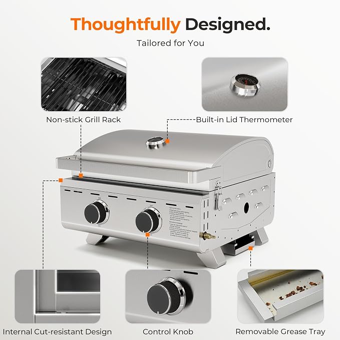 Electactic 20,000 BTUs Portable Tabletop Gas Grill, 2-Burner Propane Grill with 251 Sq.in Cooking Area, Stainless Steel BBQ Grill with Foldable Legs, Easy Assemble & Clean for Outoor