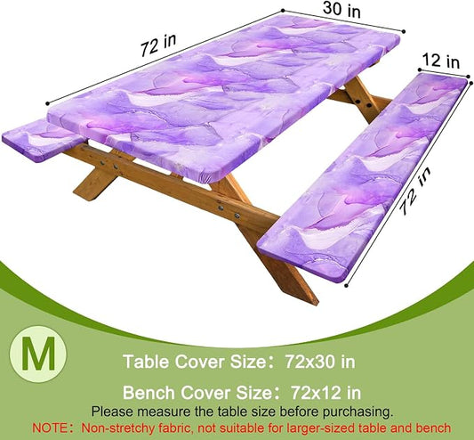 Picnic Table Cover with Bench Covers Windproof Waterproof Picnic Table Covers Camping Tablecloth with Self-Storage Bag, 72in, Light Purple