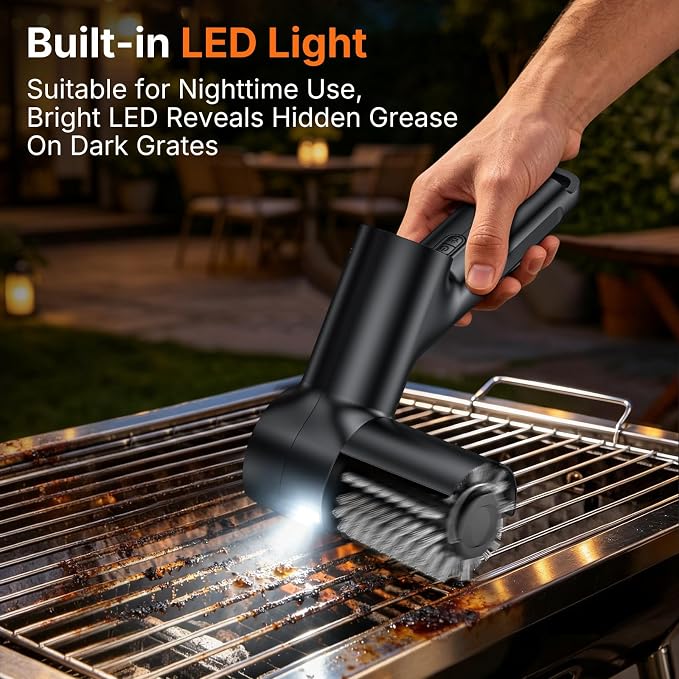 Electric Grill Brush for Outdoor, Portable BBQ Grill Cleaner | LED Light, 2 Replaceable Head, 3-Speed,LED Display, Gill Cleaning Brush Grill Accessories for Charcoal Grill, Gifts for Men