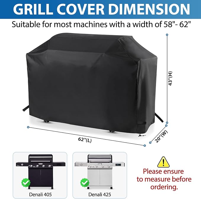 62 Inch Gas Grill Cover for Monument Denali 405&425 Grill, Waterproof 600D | Outdoor Grill Cover Fits Denali 405 & Denali 425 4-Burner and 77352 6-Burner Gas Grills, Wind & Dust Protection