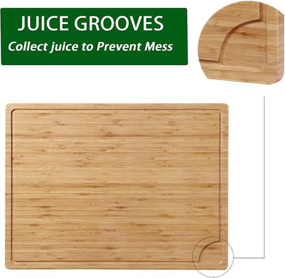 24 x 18 Bamboo Cutting Board, Large Kitchen Chopping Board for Meat, Butcher Block Cutting Board, Carving Board with Handle and Juice Groove for Turkey, Meat, Vegetables, BBQ