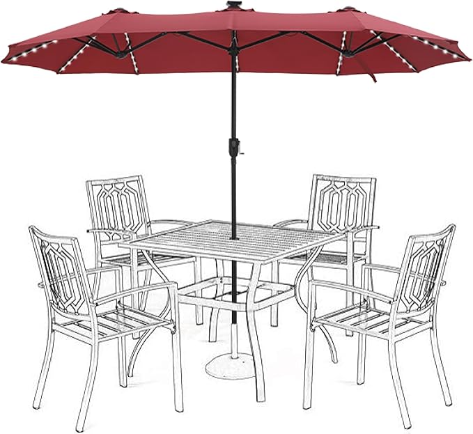 HERA'S PALACE 13 ft Patio Umbrella with 120 LED Solar Lights Double Sided Outdoor Umbrella for Patio 8 Colors Changing Table Umbrella for Garden Pool, Orange Red